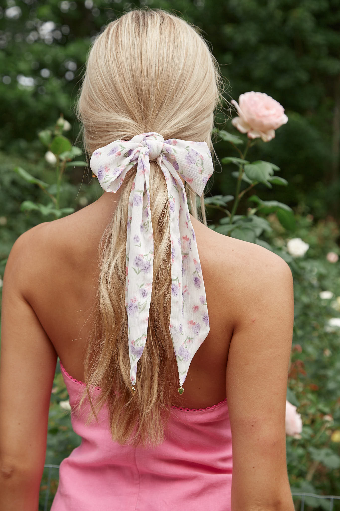 Floral white bow hair scarf with gold charms. High quality, designed by Zarfie