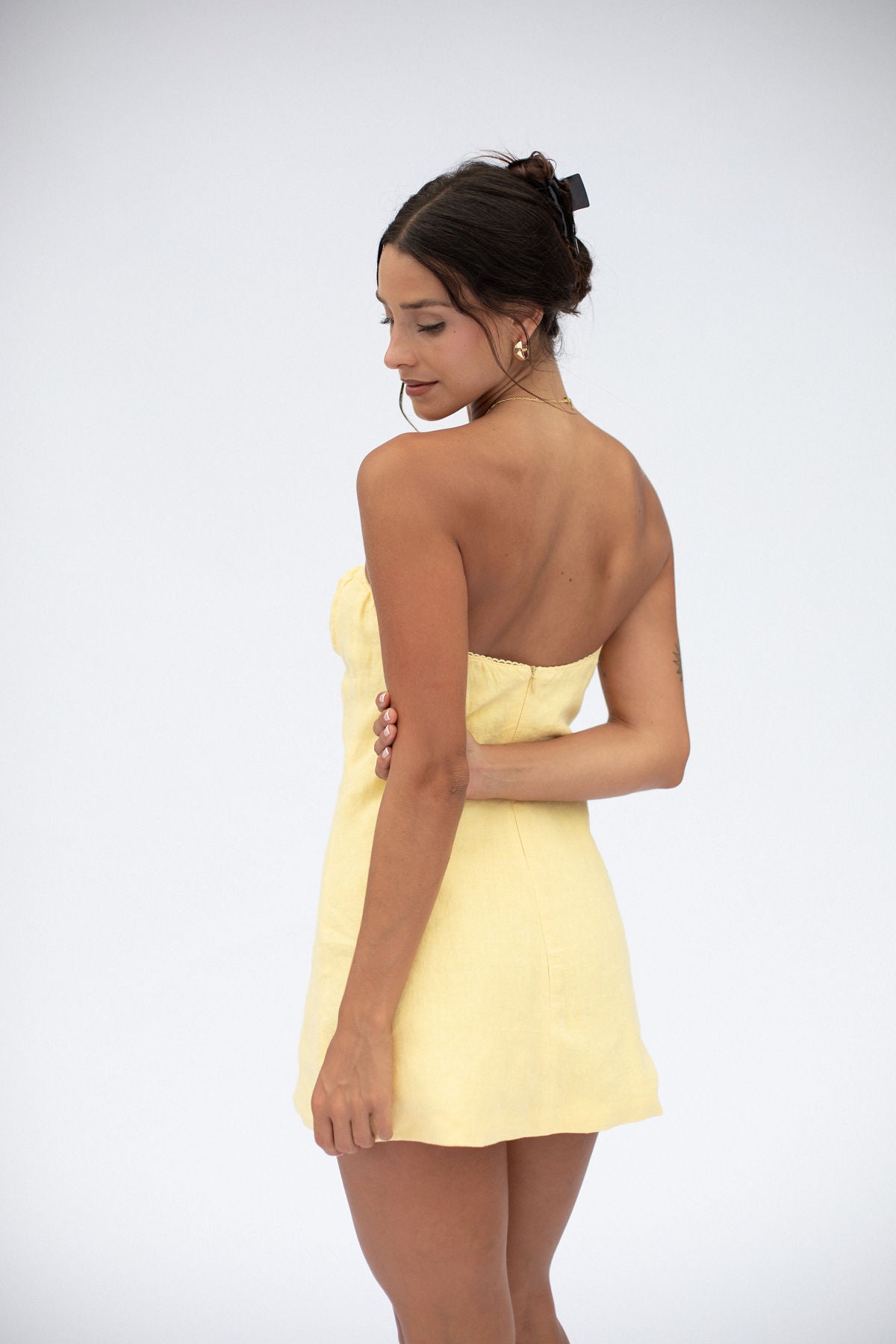 Zarfie strapless butter yellow mini dress linen summer